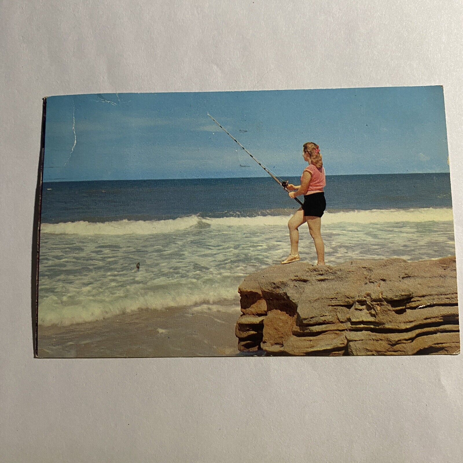 Greeting From Revere Beach Mass Postcard With Lady Fishing 1956