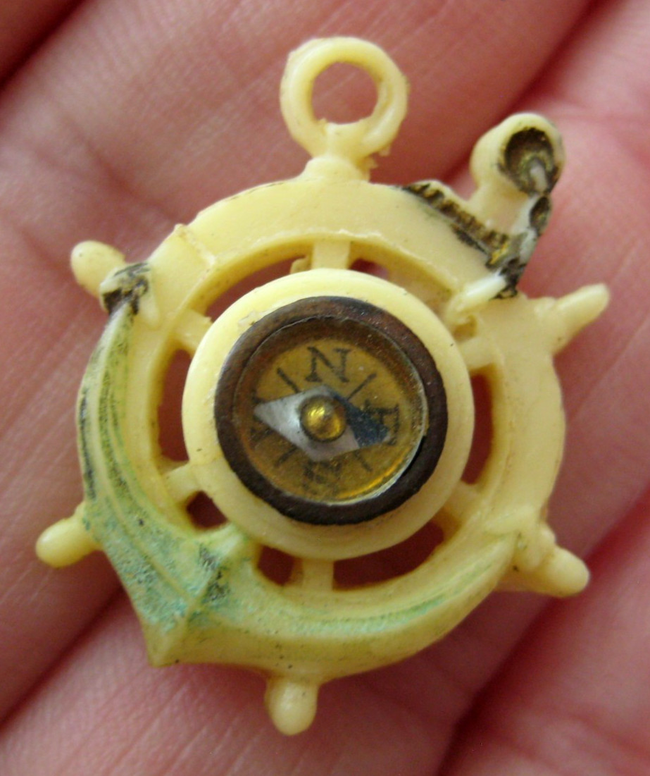 VTG Celluloid SHIPS\'S WHEEL~ANCHOR WITH COMPASS Cracker Jack Toy Prize Charm