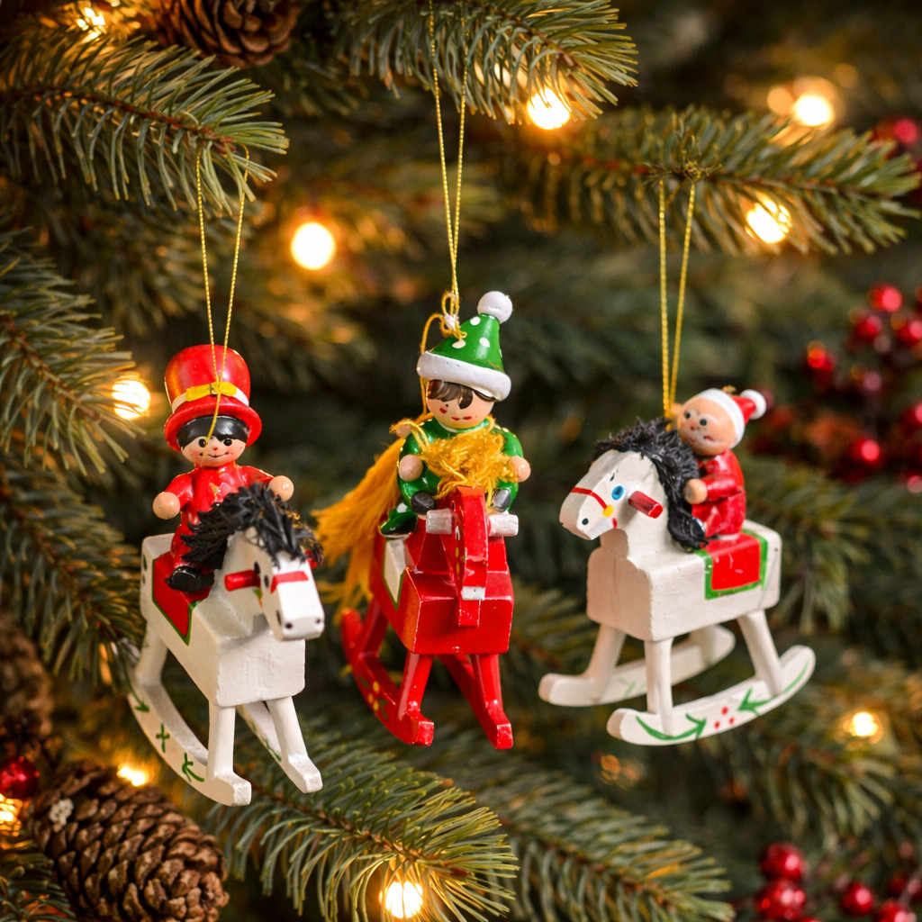 VTG Christmas Ornaments Wooden Rocking Horse Rider Set of 3 Hand Painted