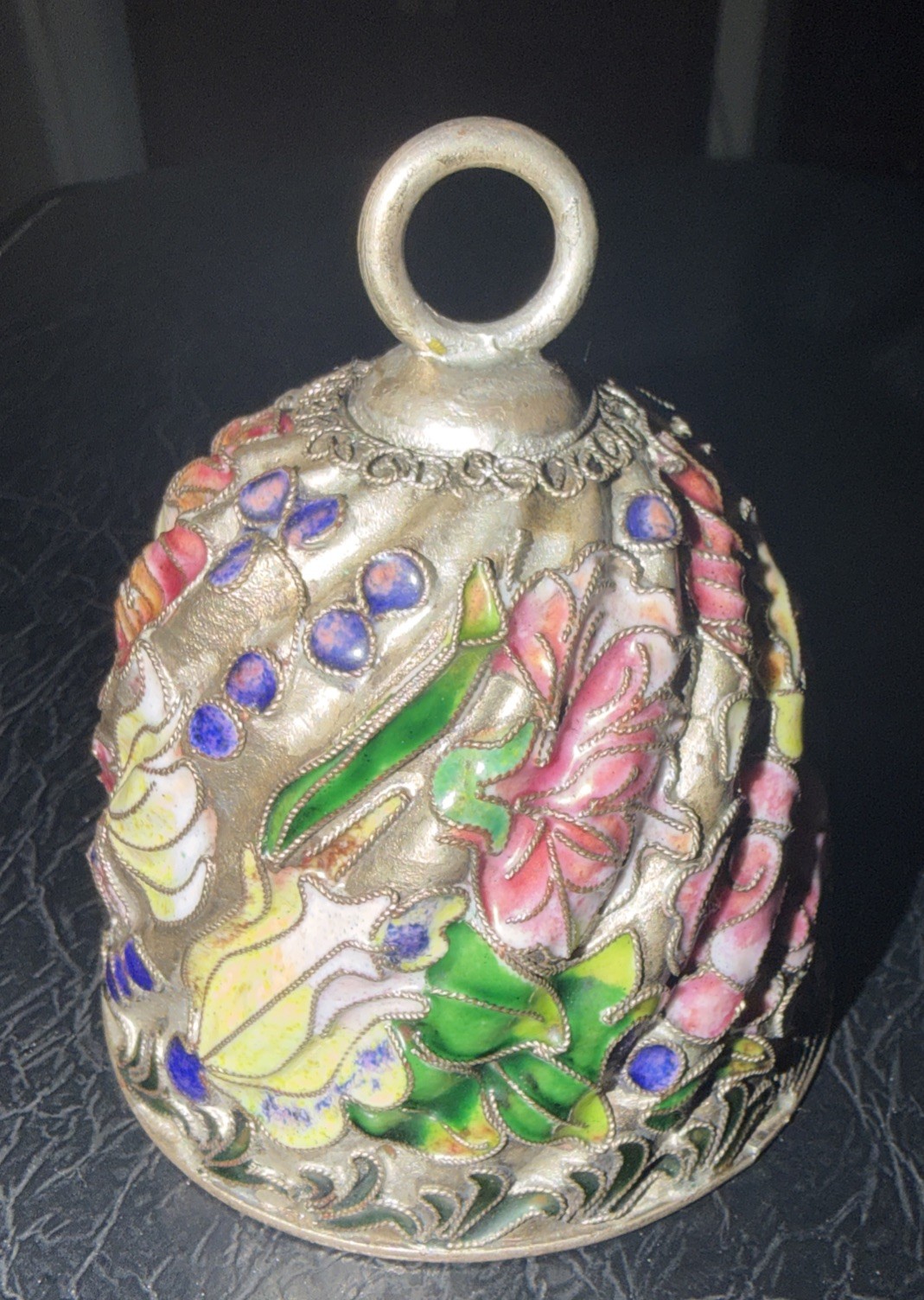 Vintage Silver tone Cloisonne Enamel Champlevé Floral Bell Ornament.