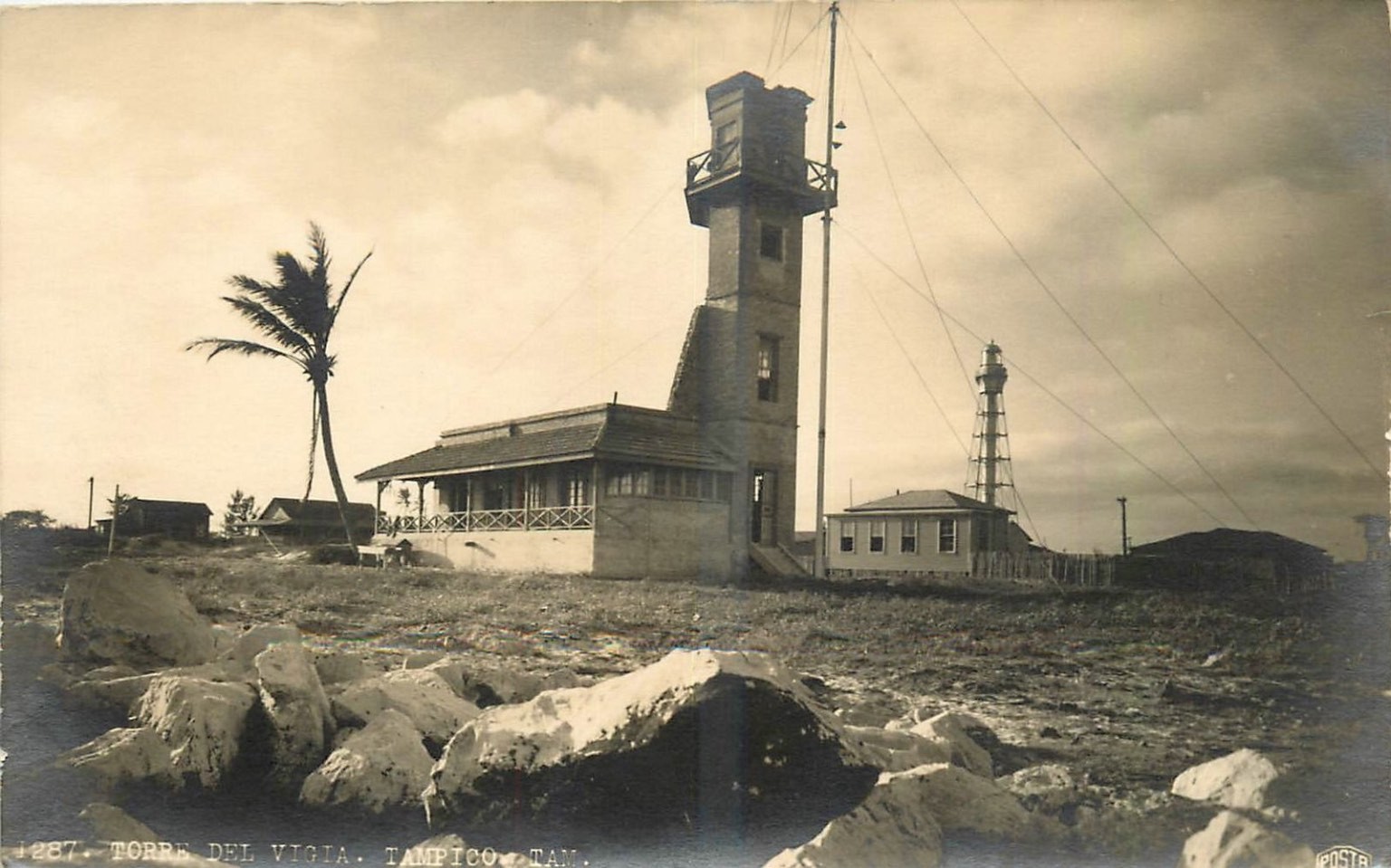 RPPC Torre del Vigia Watchtower Tampico MX 1930s Lighthouse Palm Tree