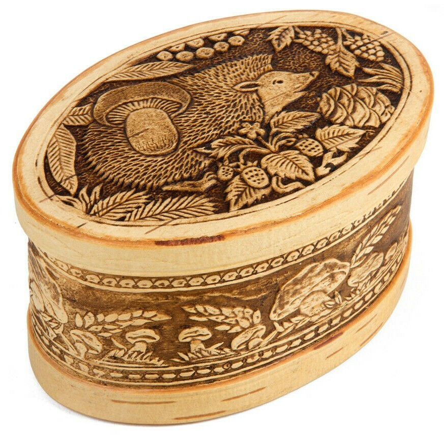 3x5 Oval Trinket Box Birch Bark Storage Box Hedgehog Art Handmade Wood Beresta