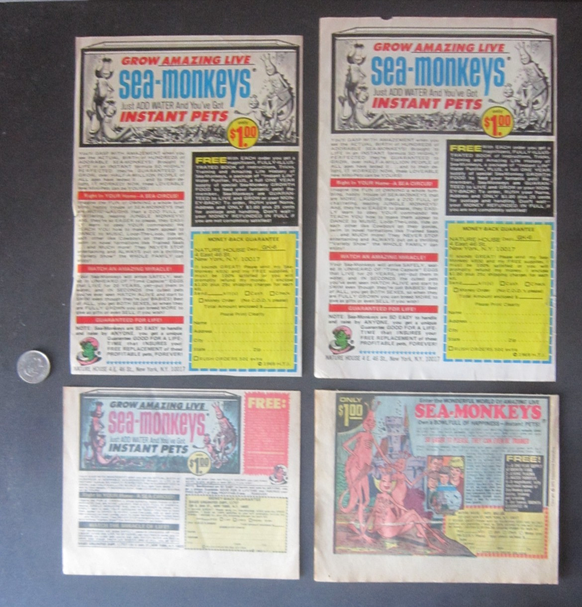 lot (4) Vintage 1970s SEA MONKEYS CARTOON PRINT AD Instant pets Retro Mail-In