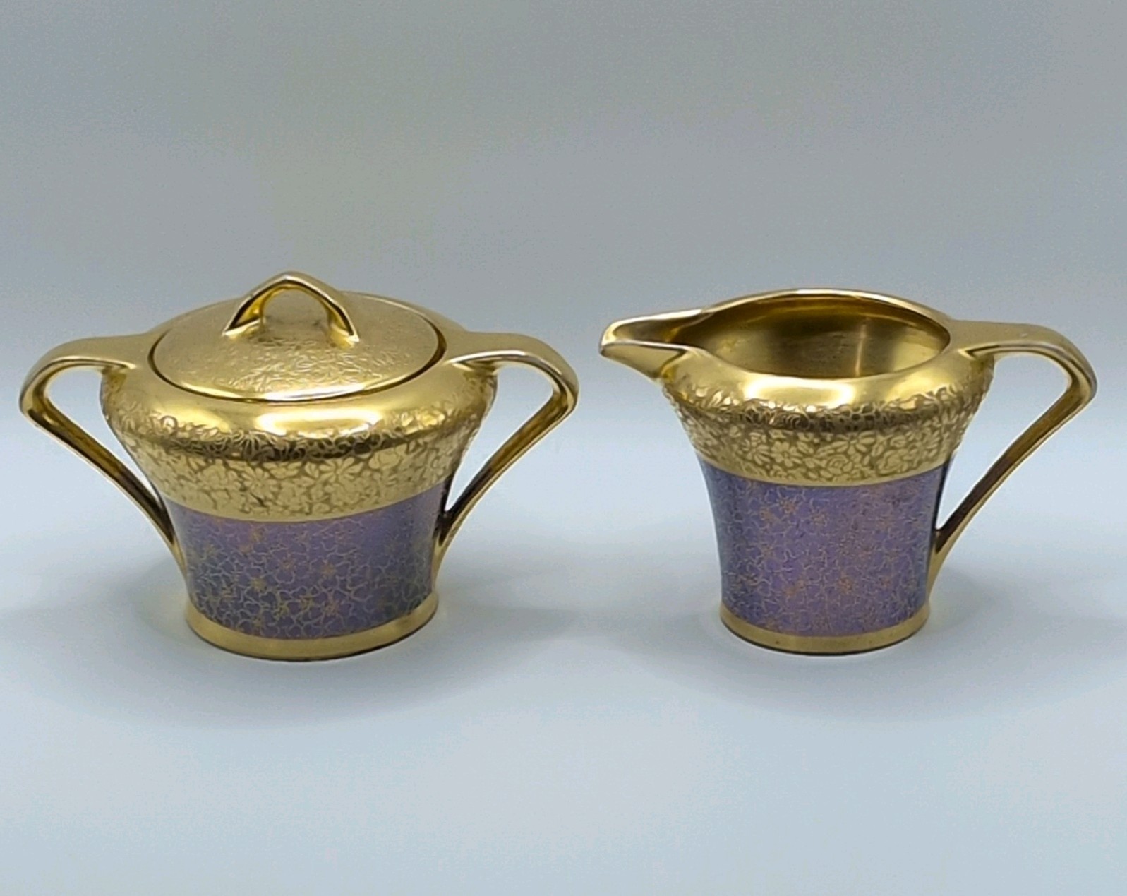 RARE Antique Pickard Tillowitz Cobalt Blue And 24K Gold Rose Daisy Creamer Sugar