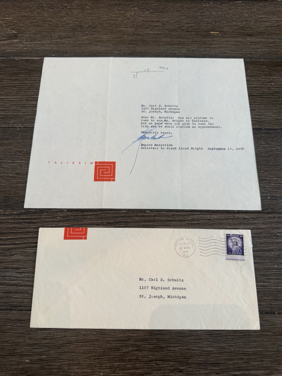 1957 Taliesin Frank Lloyd Wright Eugene Masselink Signed Letter + Envelope NR