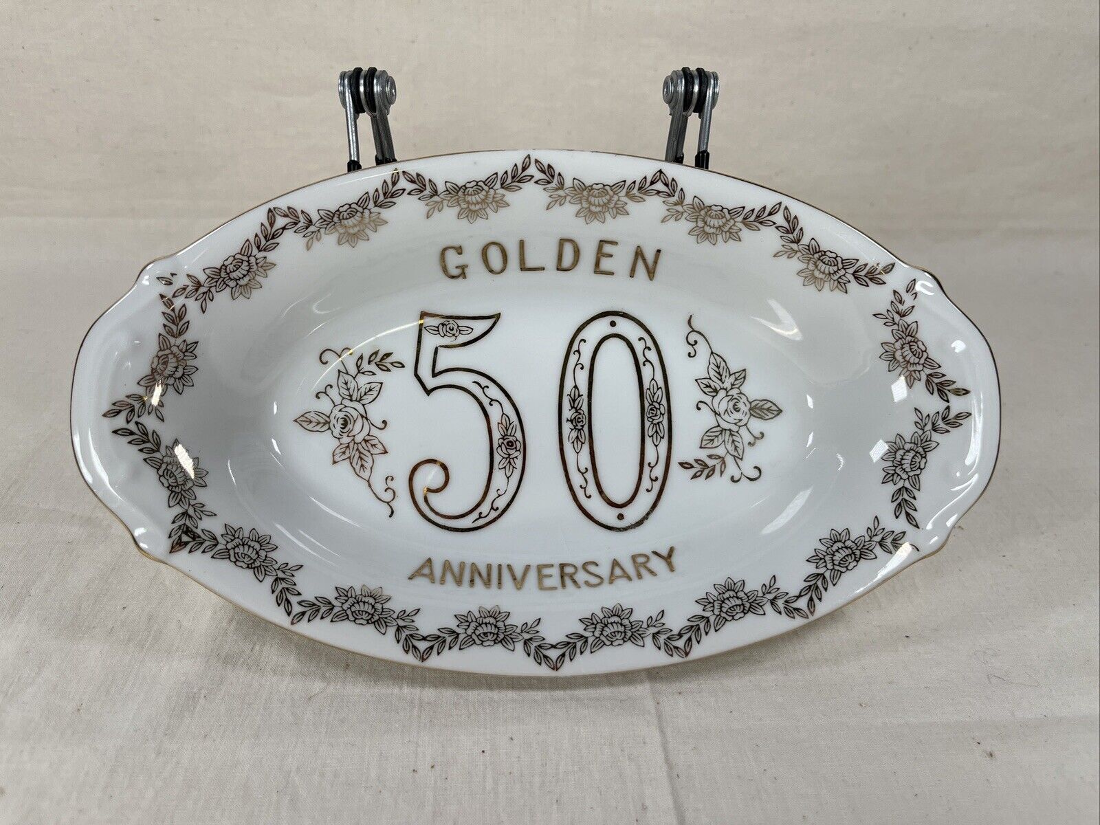 Vintage Golden 50 Anniversary 8.75” Oval Dish White with Goldtone Floral Design