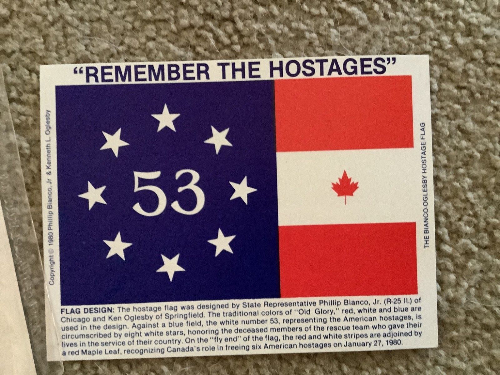 1981 Postcard Honoring 53 Historic Iranian Hostages w Bianco Hostage  Flag