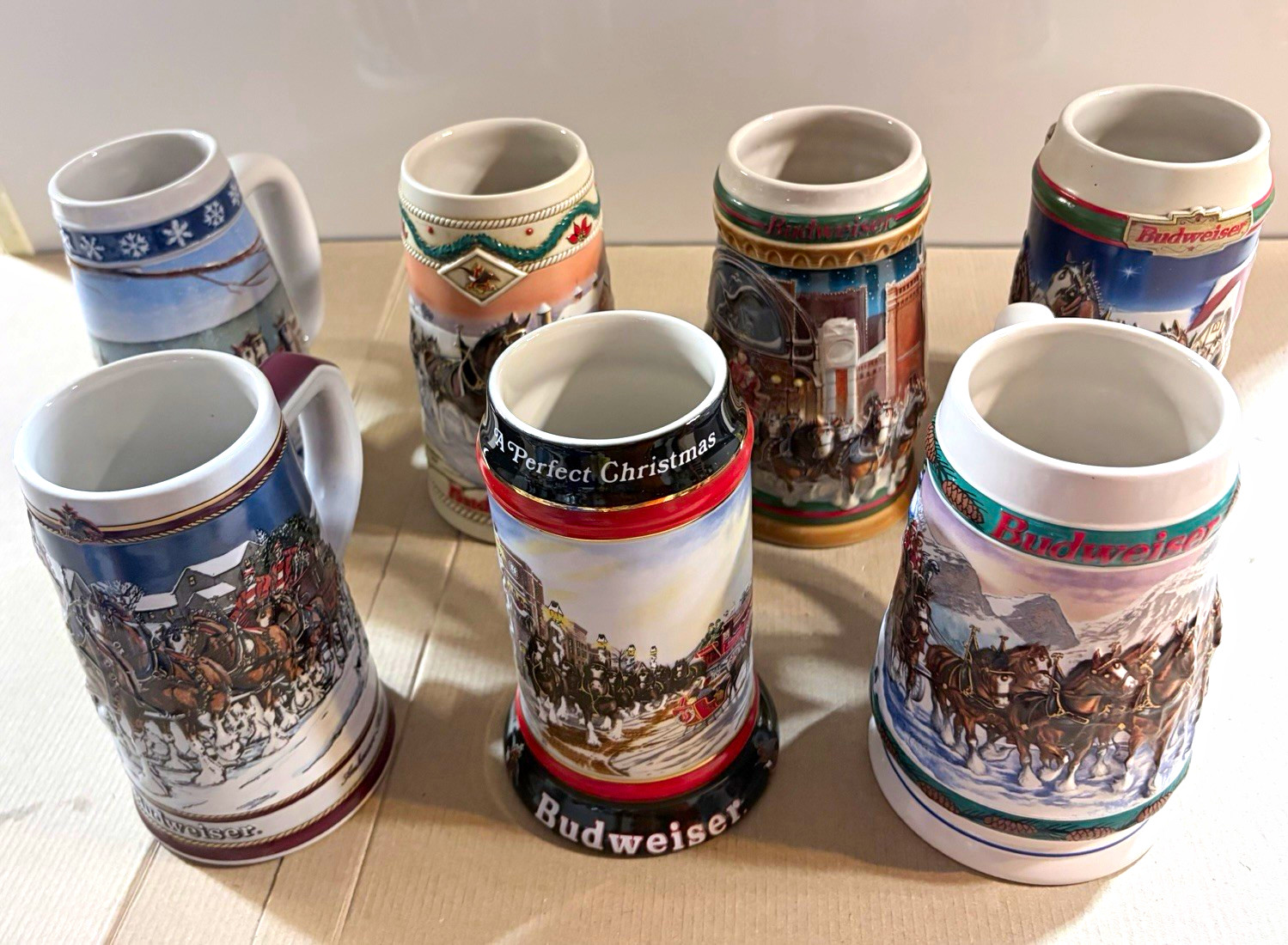 Lot of 7 Vintage Budweiser Christmas Holiday Steins 1989-1998 Clydesdales (4 NIB