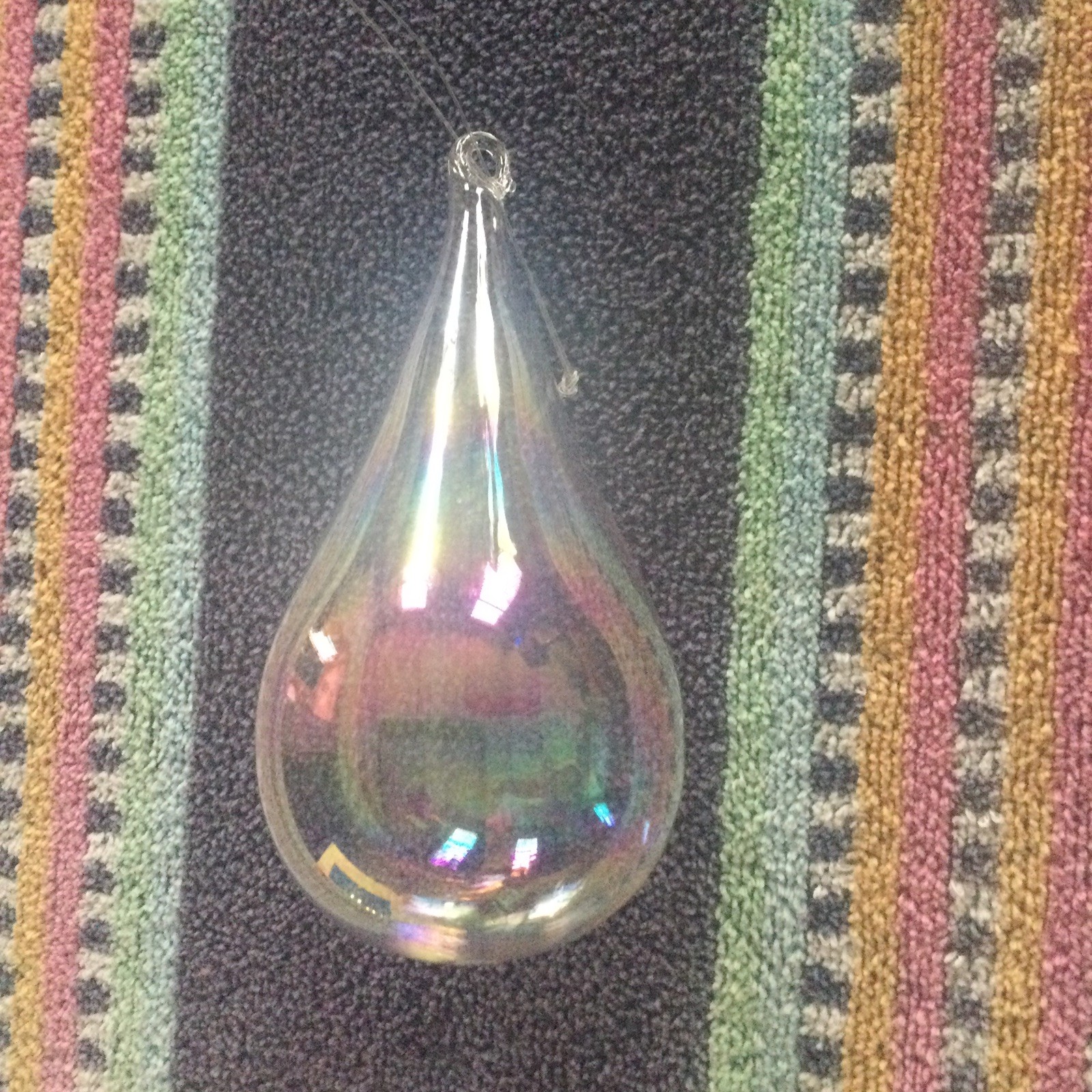 Ornament  4” Silvestri  Hand Blown Iridescent Clear Glass Tear Drop Vintage