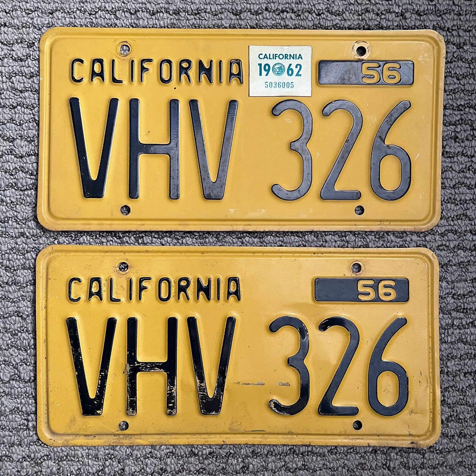 1956 California License Plate Matching Pair #VHV326 vintage
