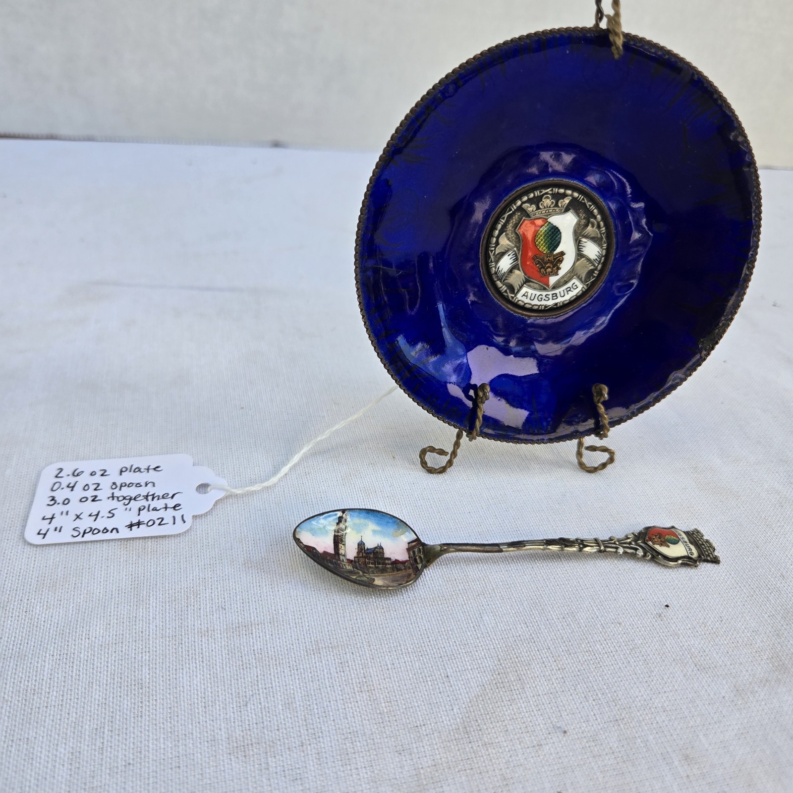 Vintage Augsburg Germany Souvenir Set 800 Silver Enamel Spoon & Small Dish