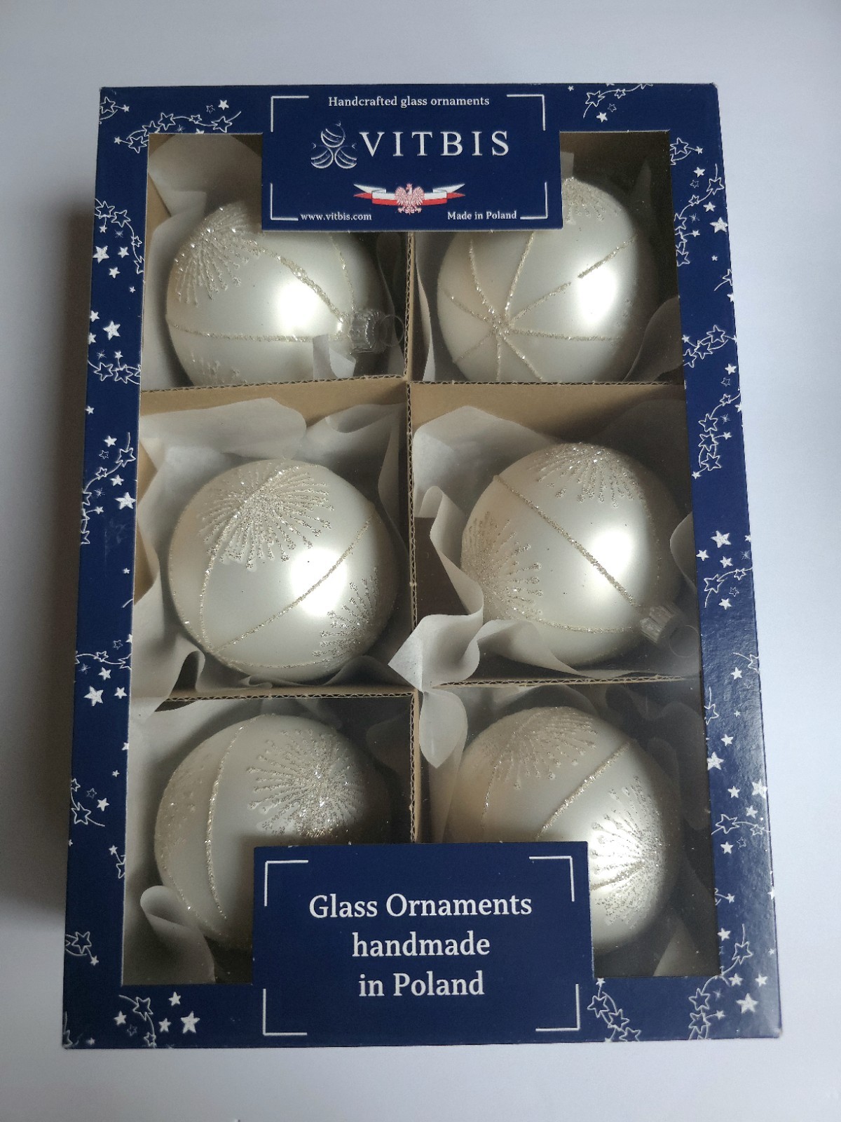 Vitbis Poland Handmade Glass Ornaments Set of 6 Glitter White Elegant Snowflake