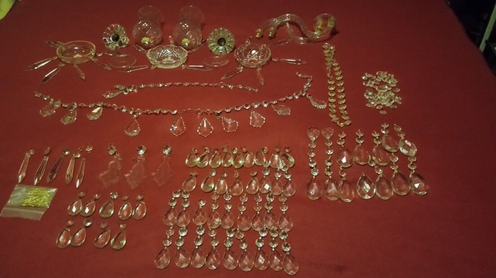 VINTAGE LOT 100 Plus Cut Glass Prisms Spears  Teardrops French Cut Bobeches