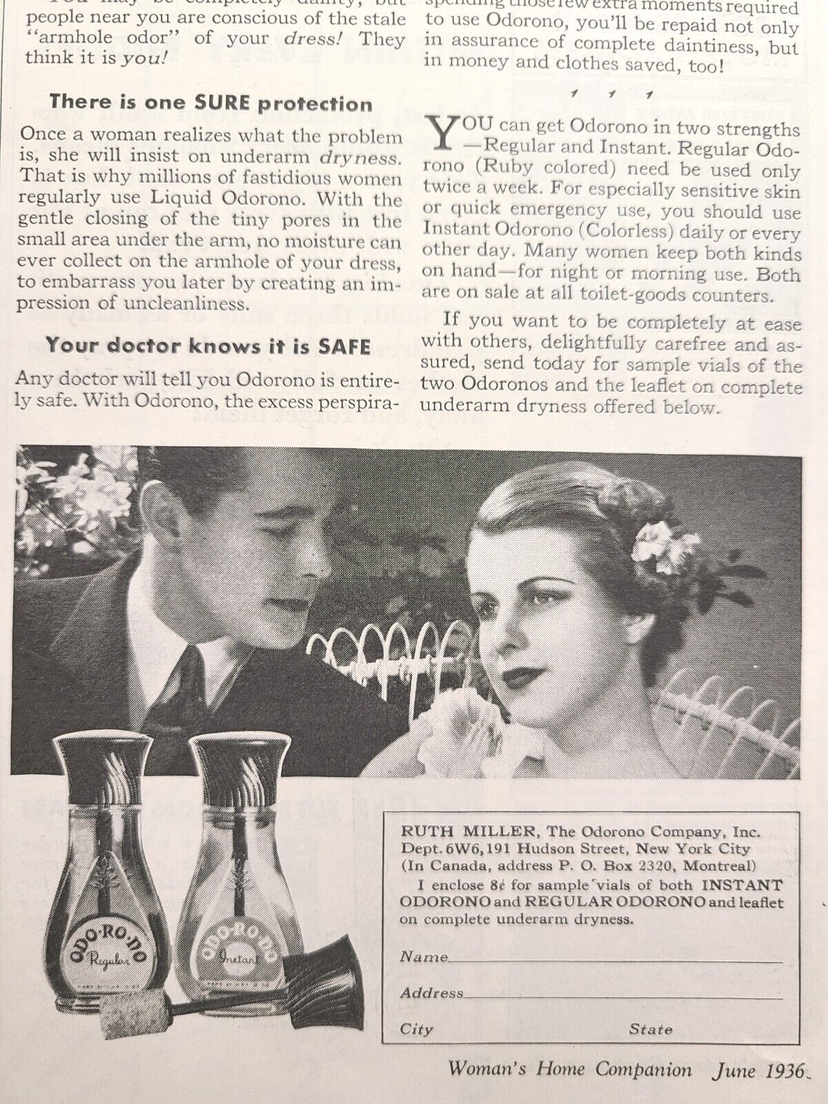 Odo-Ro-No Underarm Deoderant Couple Armhole Test Vintage Print Ad 1936