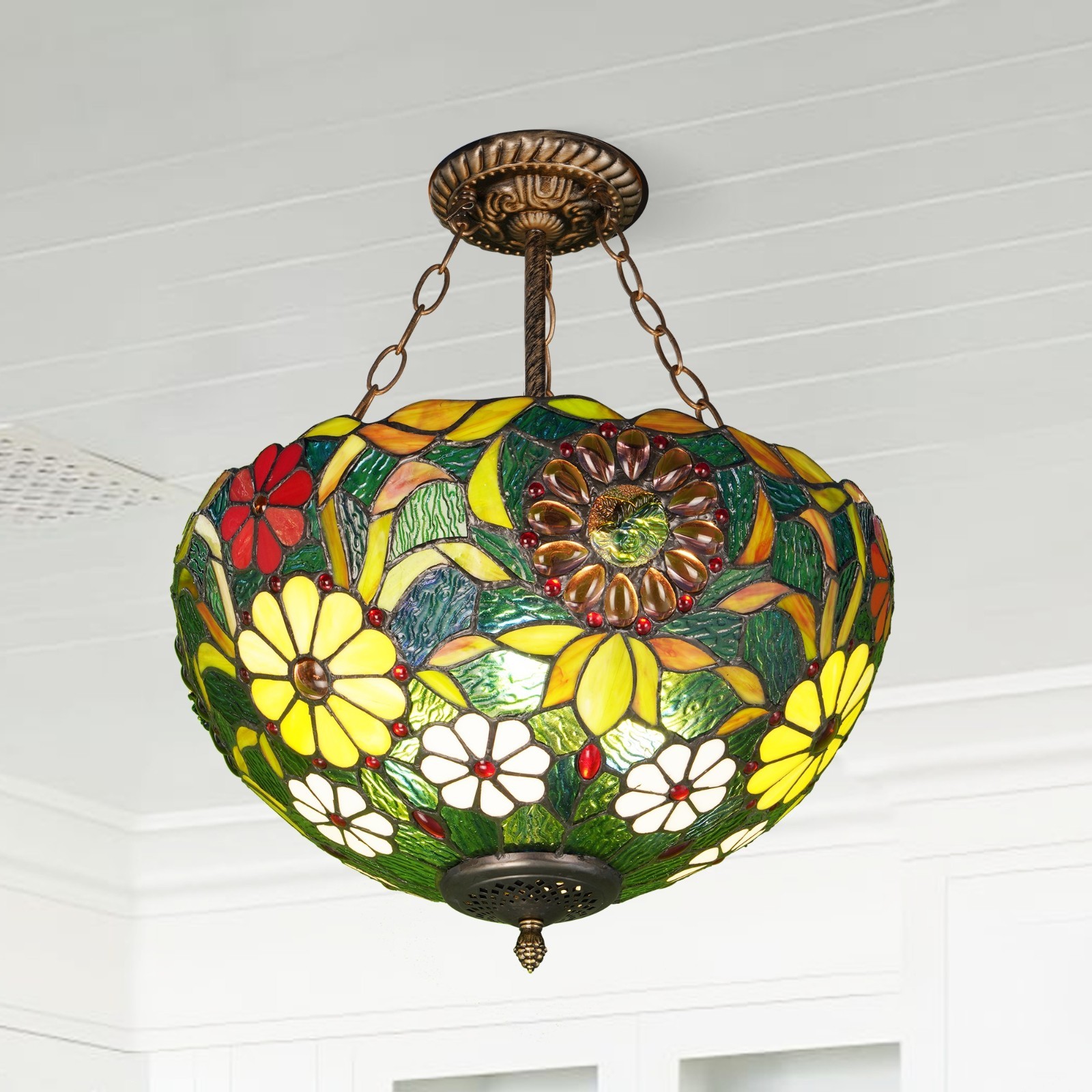 16'' Tiffany Lamp, Countryside Chrysanthemum Glass Pendant Light, Three Head New