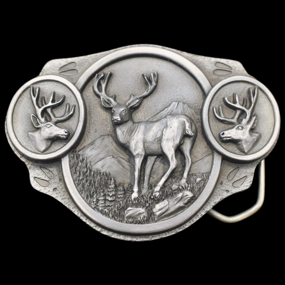 Deer Buck Whitetail Blacktail Mule Deer Hunting Pewter Vintage Belt Buckle