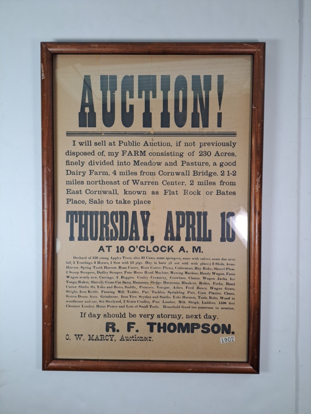 Antique 1902 Framed AUCTION Poster 230 Acres 2 Miles From Flat Rock Or Bates Pla