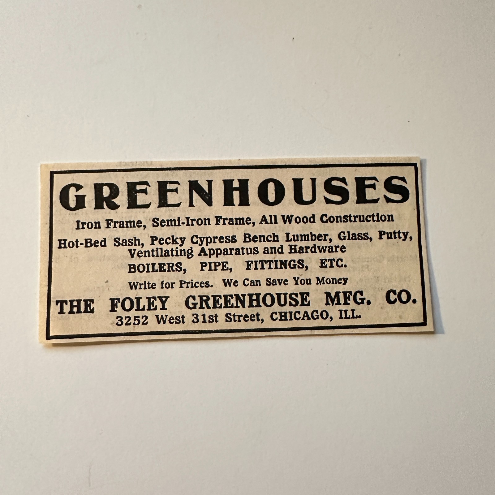 The Foley Greenhouse Mfg. Co. Chicago IL 1922 Ad 4AK8-S11