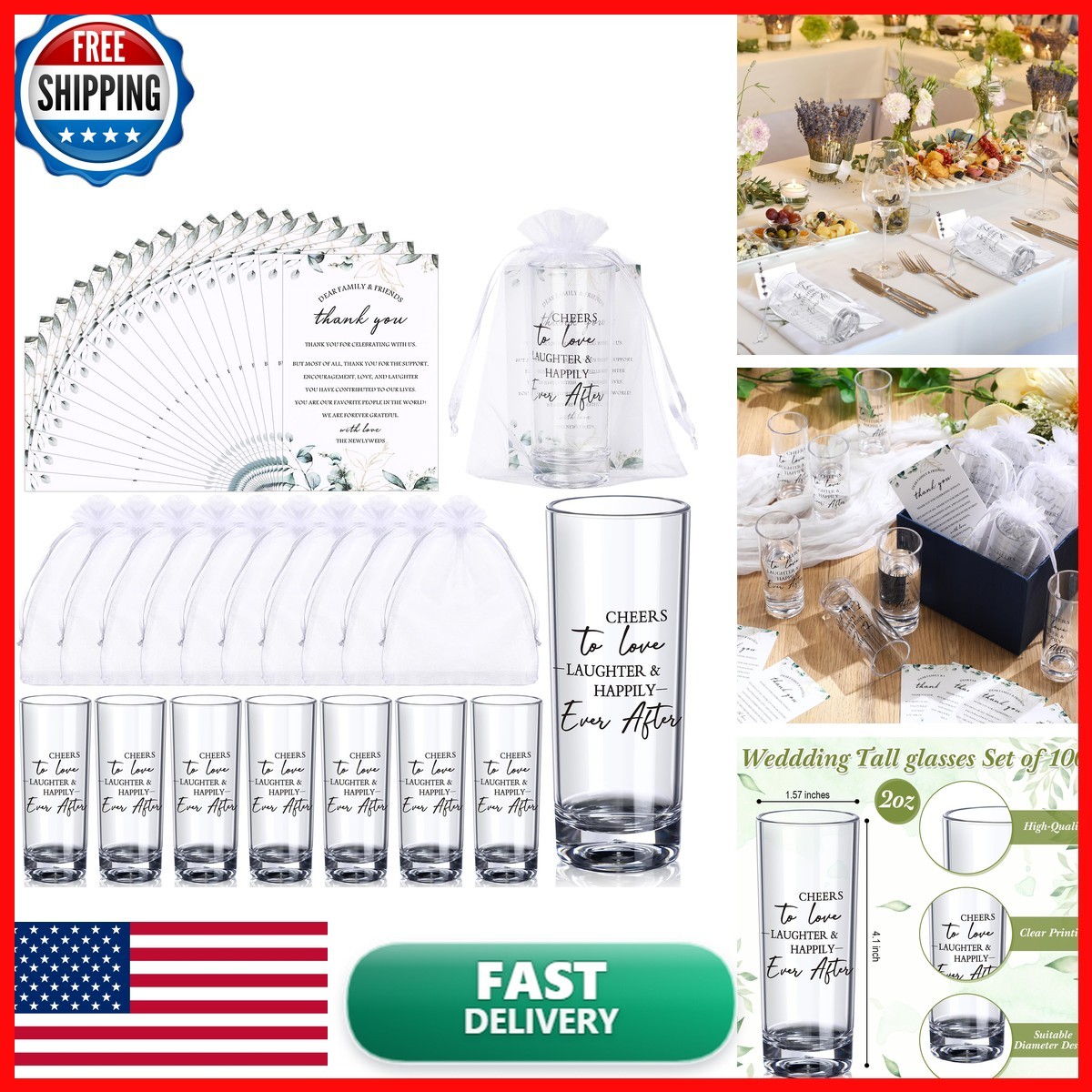 Sliner 100 Set 2oz Acrylic Shot Glasses - Cheers to Love Laughter and Happily
