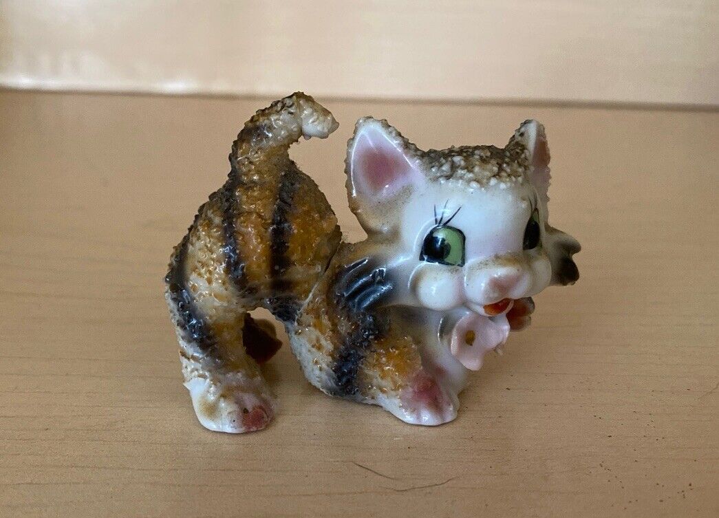 Vintage Small Tiger Cat Figurine, Hand Painted, Japan, 1960's
