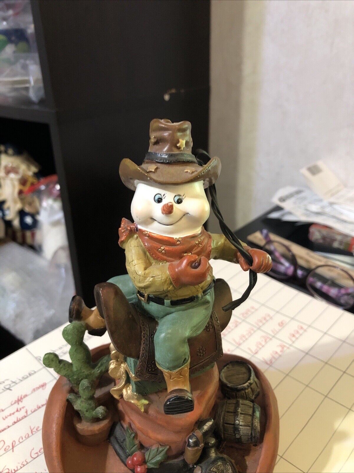 VTG FROSTY SNOWMAN SETTING ON A SADDLE ON TOP OF A HAT THROWING A LASSO