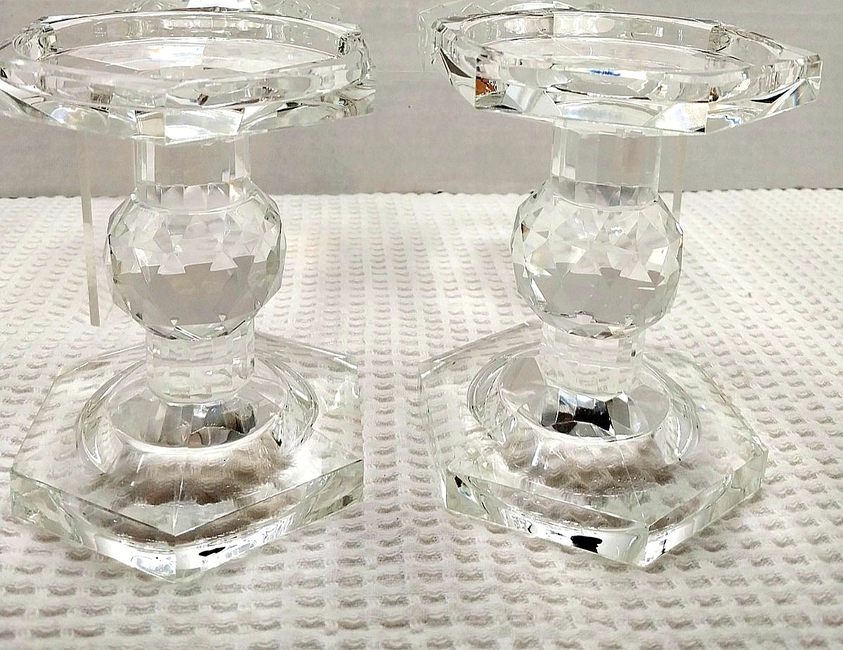 Pair Of Clear Crystal Prism Cut Pillar / Votive Heavy Decorative Candle Holders