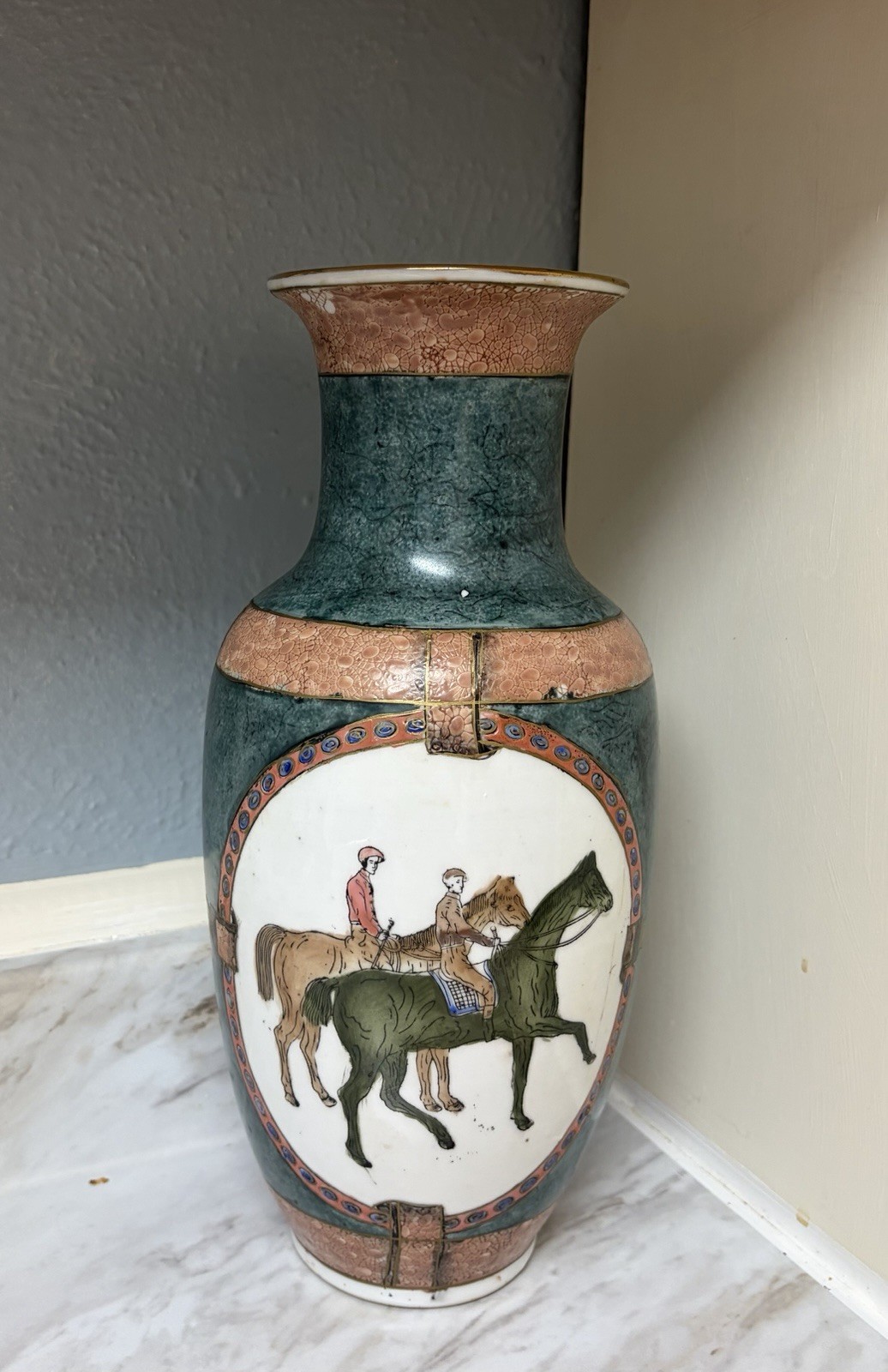 Vintage WBI Hand Painted Chinese Porcelain Equestrian Vase with Jockey and Horse