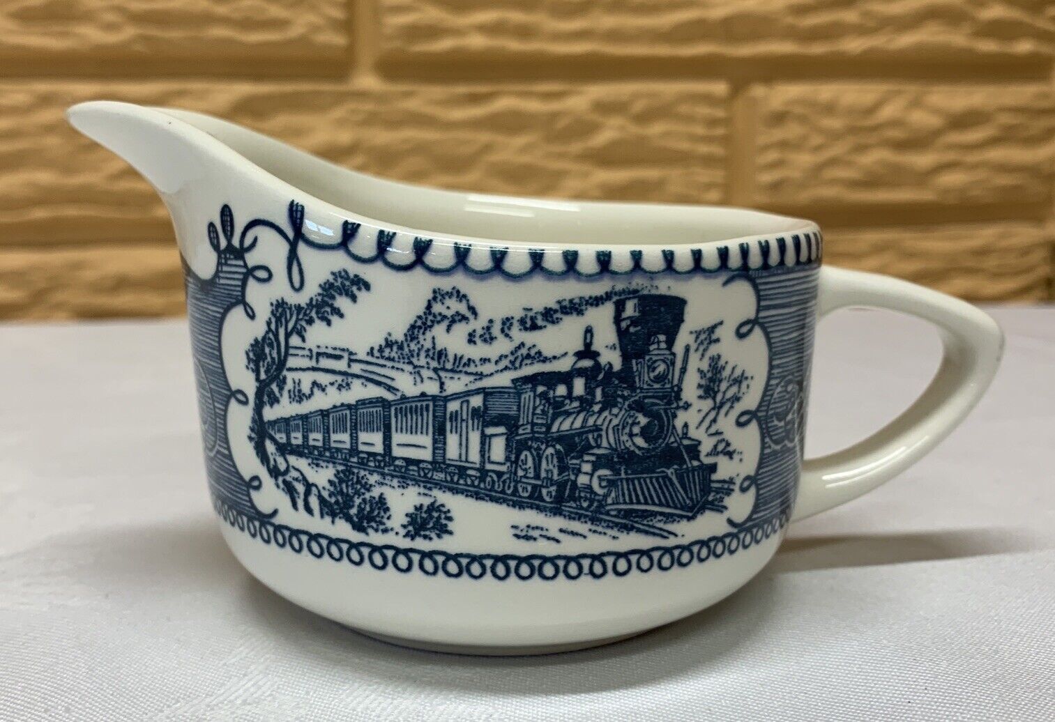 Vintage Blue and White Currier & Ives Creamer with Train Locomotive Design EUC