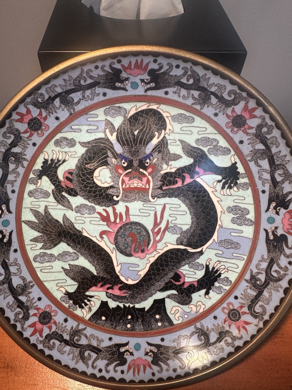 Vintage Cloisonné Style Enamel Dragon Plate Asian Metalwork Display Piece