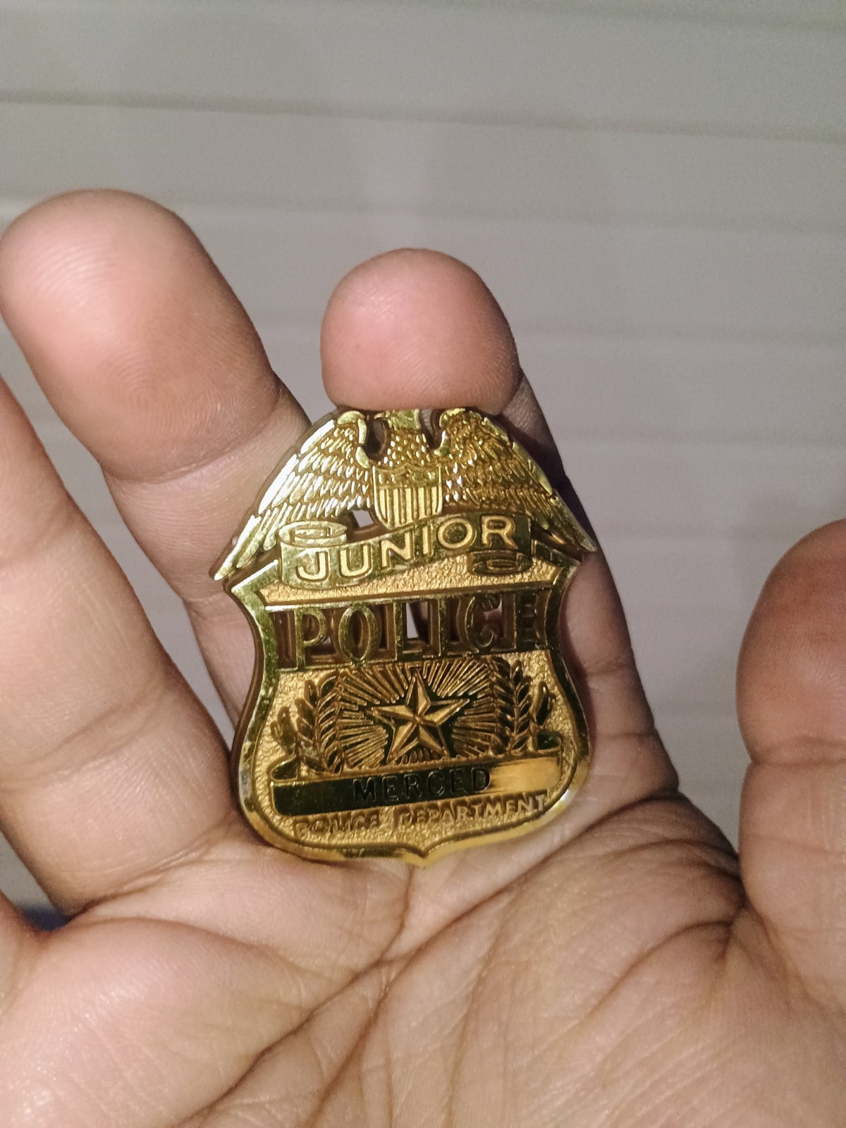 Merced, California Junior Police Department Badge, Gold Tone Plastic 2.25\