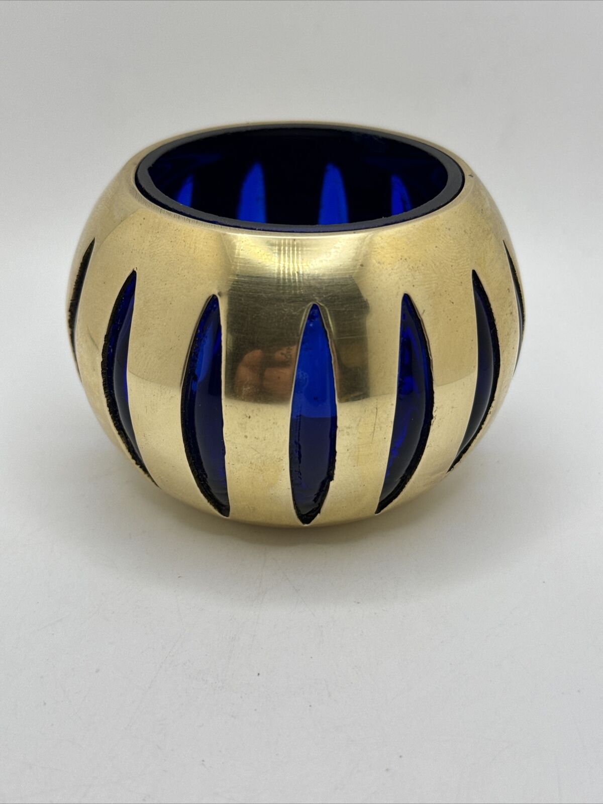 Vintage Cobalt Blue Caged Glass Tealight Candle Holder Caged in Solid Brass
