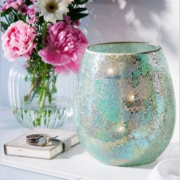 PartyLite Iridescent Azure Mosaic Hurricane with tealite tree beads P9299 new PartyLite Iridescent Azure Mosaic Hurricane with tealite tree beads P9299 new
