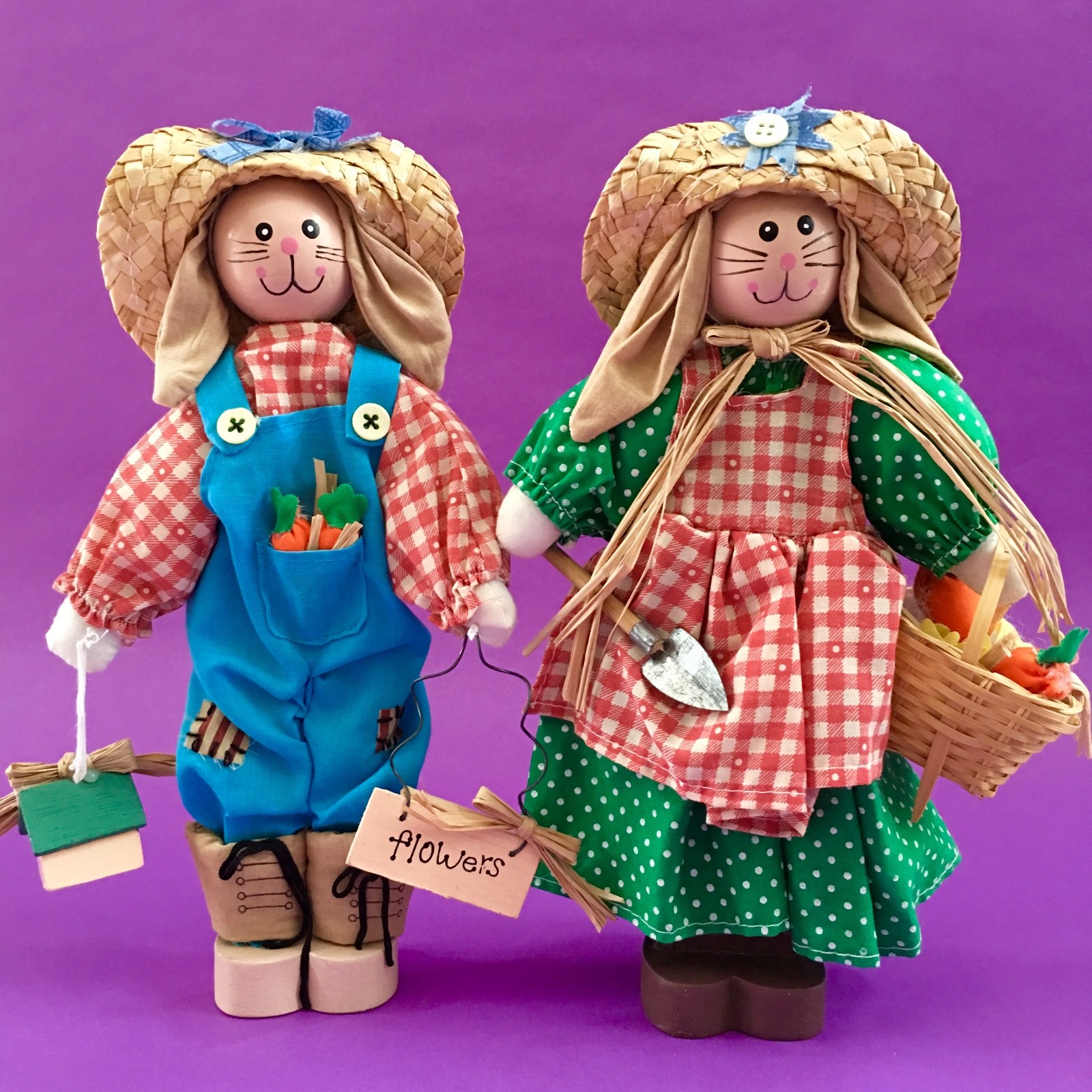 ~$20~NEW Farmer Boy+Girl Easter Bunny Rabbits w/Overalls+Straw Hats+Wooden Head