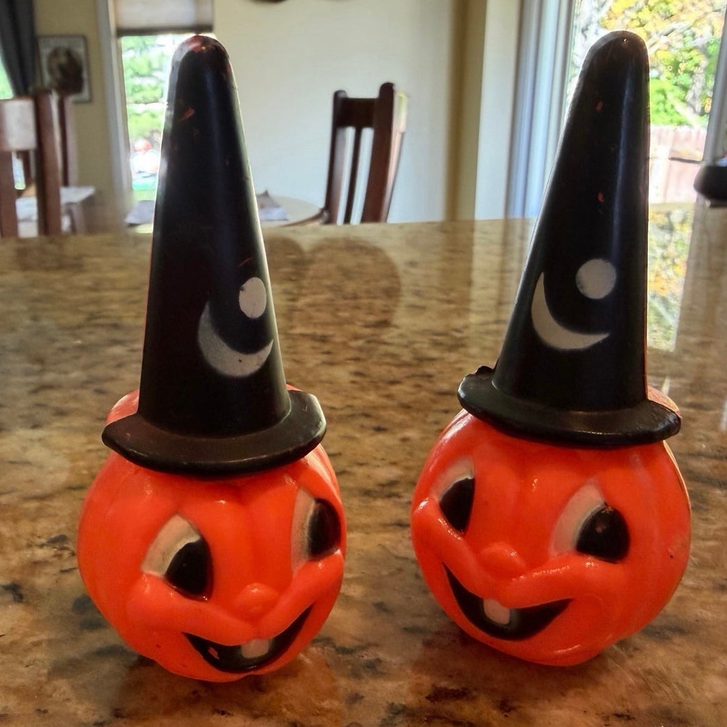 VTG 50’s-60’s Halloween Jack-O-Lantern w/Witch Hat Hard Plastic Figure Hong Kong