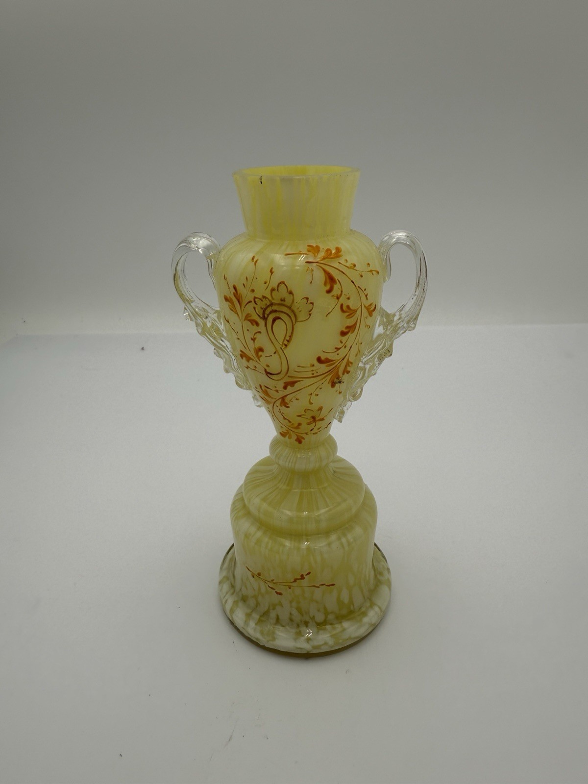 Vintage Hand Blown Hand Painted yellow Glass Vase on stand 6.5