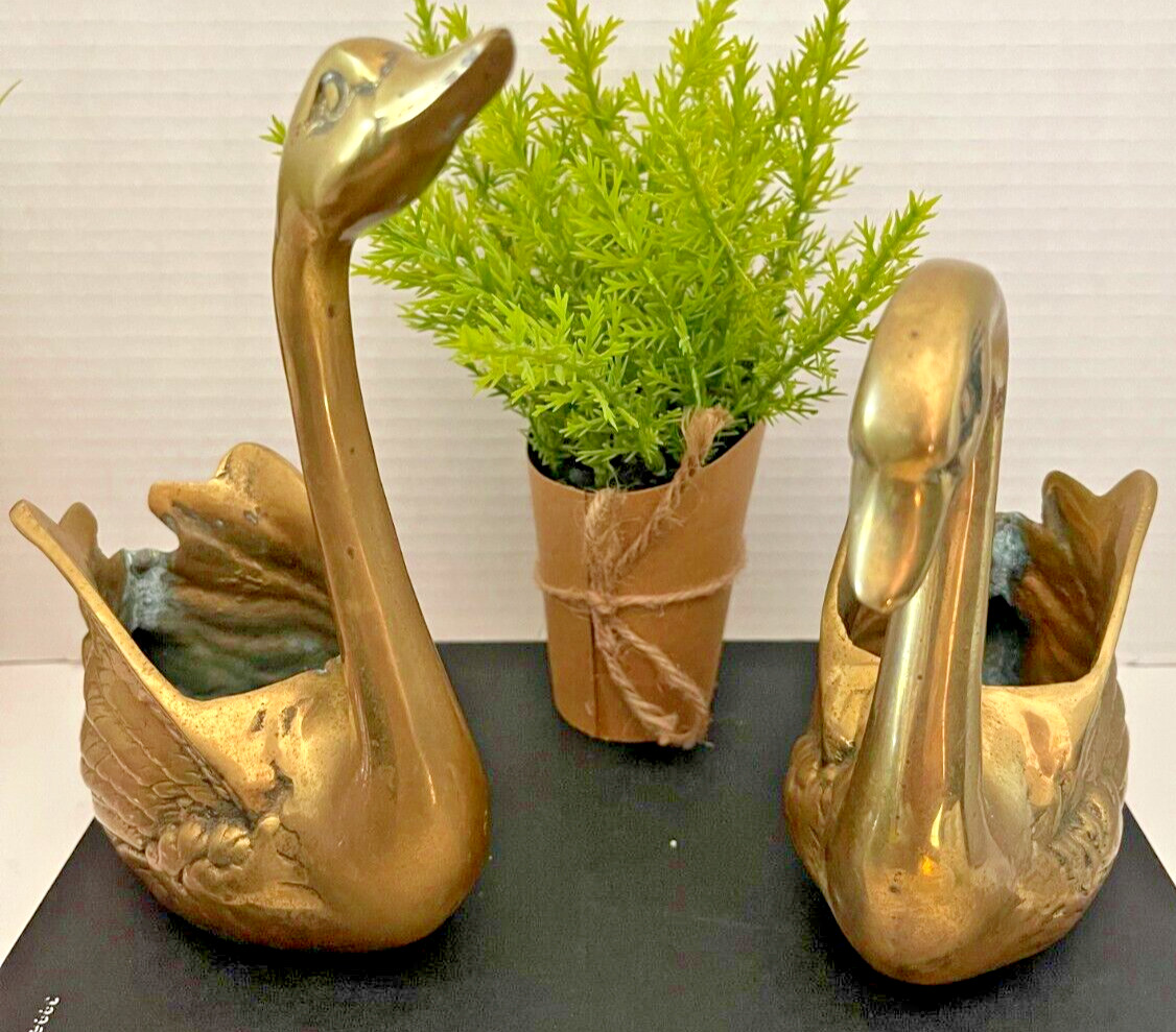Pair of Vintage Brass Swan Planters or Vases - Korean Mid-Century Modern