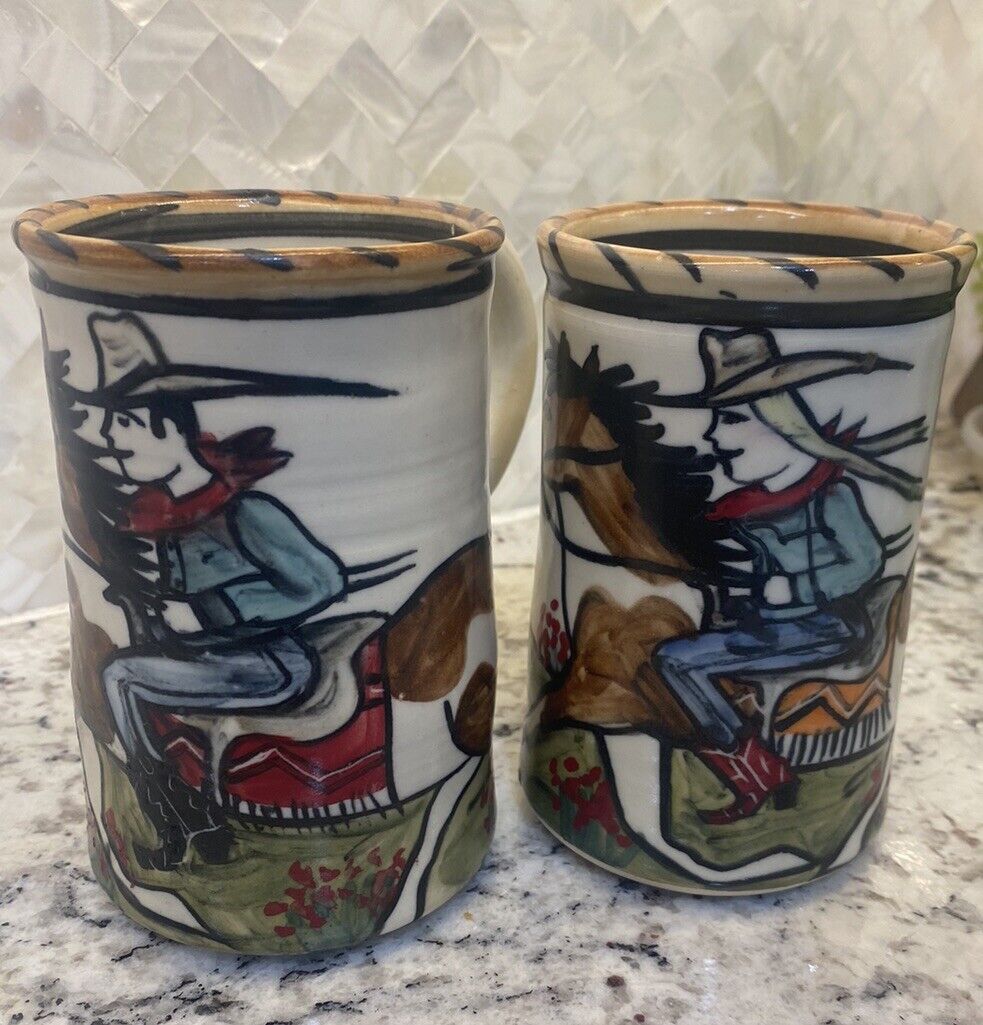 Vintage Handmade Western Cowboy/ Cowgirl Mugs Set/2 Happy Trails Unique Coffee