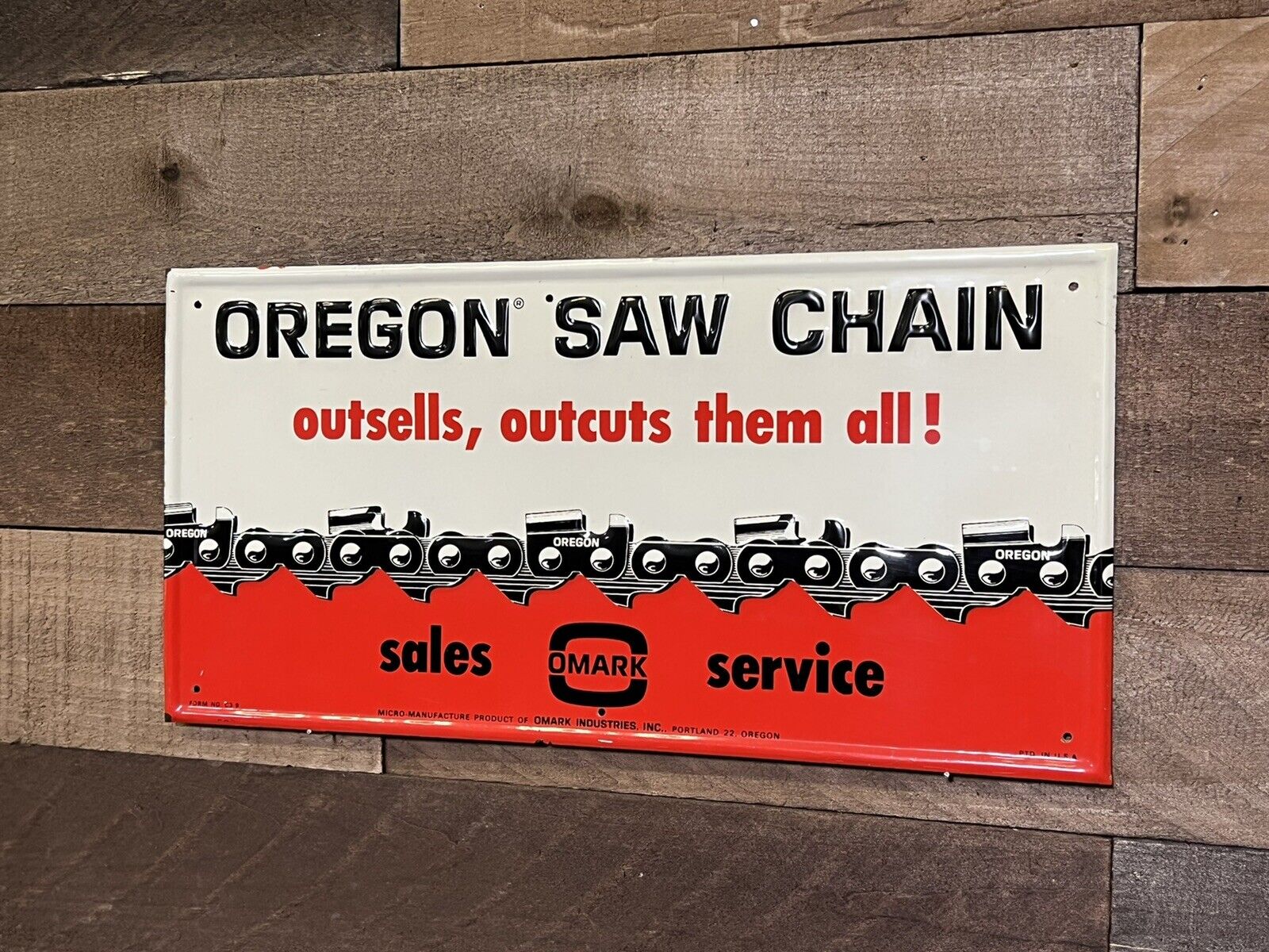 Oregon Saw Chain Metal Embossed Sign Vintage Old Chainsaw Sales Service Green Bk