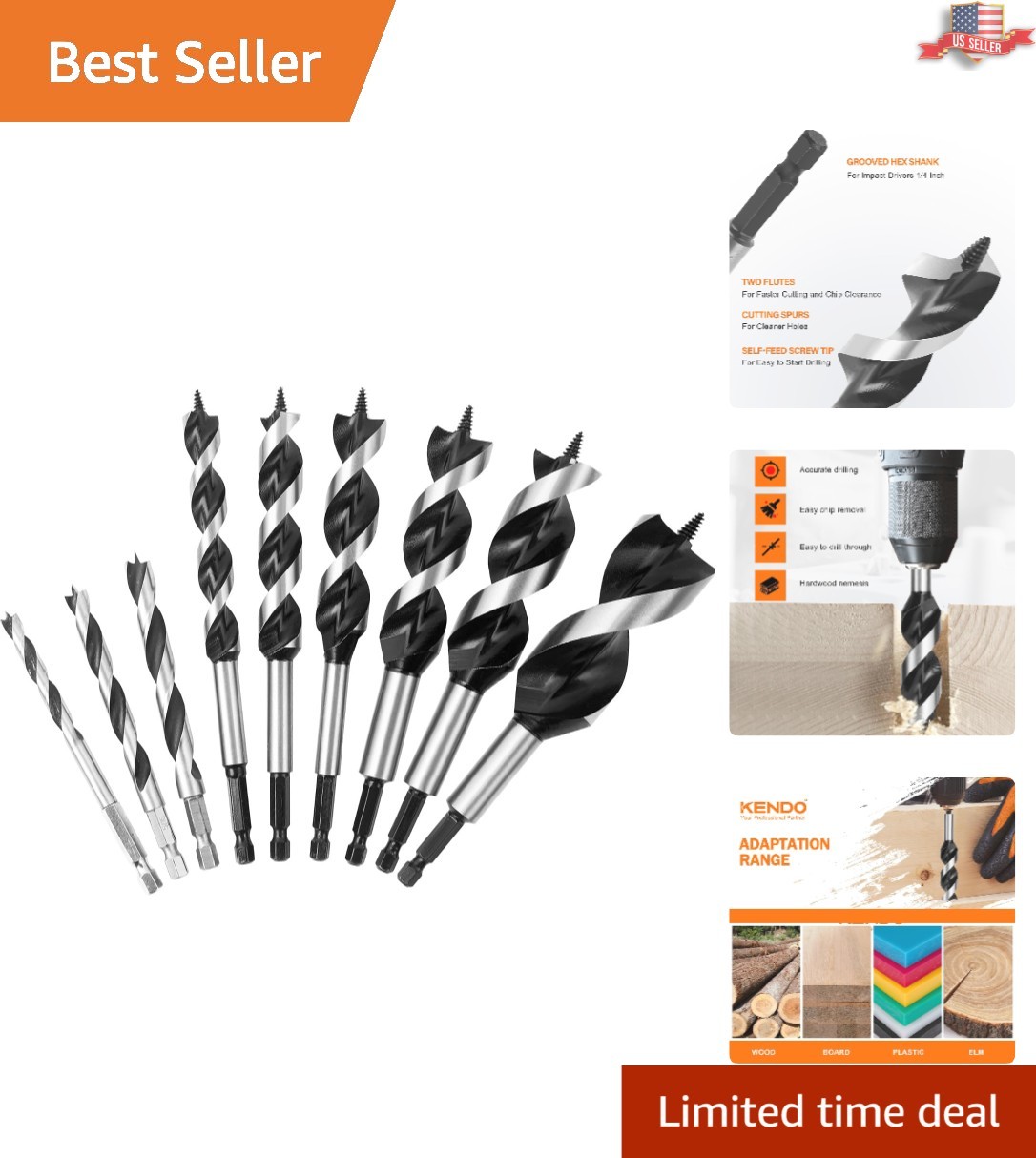 Versatile 9-Piece Auger Drill Bit Set for Wood - Alloy Steel Precision Tools