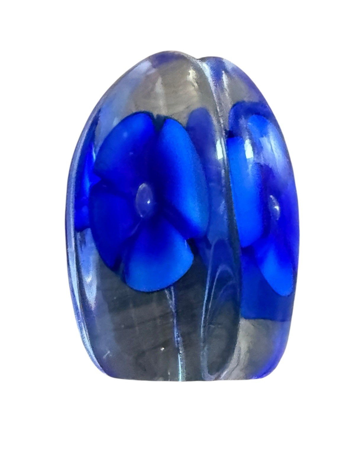 Vintage MURANO Art Glass Blue Flower Tall Paperweight 4” clear