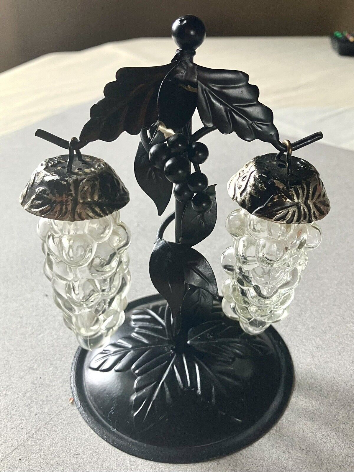 Charming Vintage Salt and Pepper Glass Grape Clusters Hang from Black Metal Base
