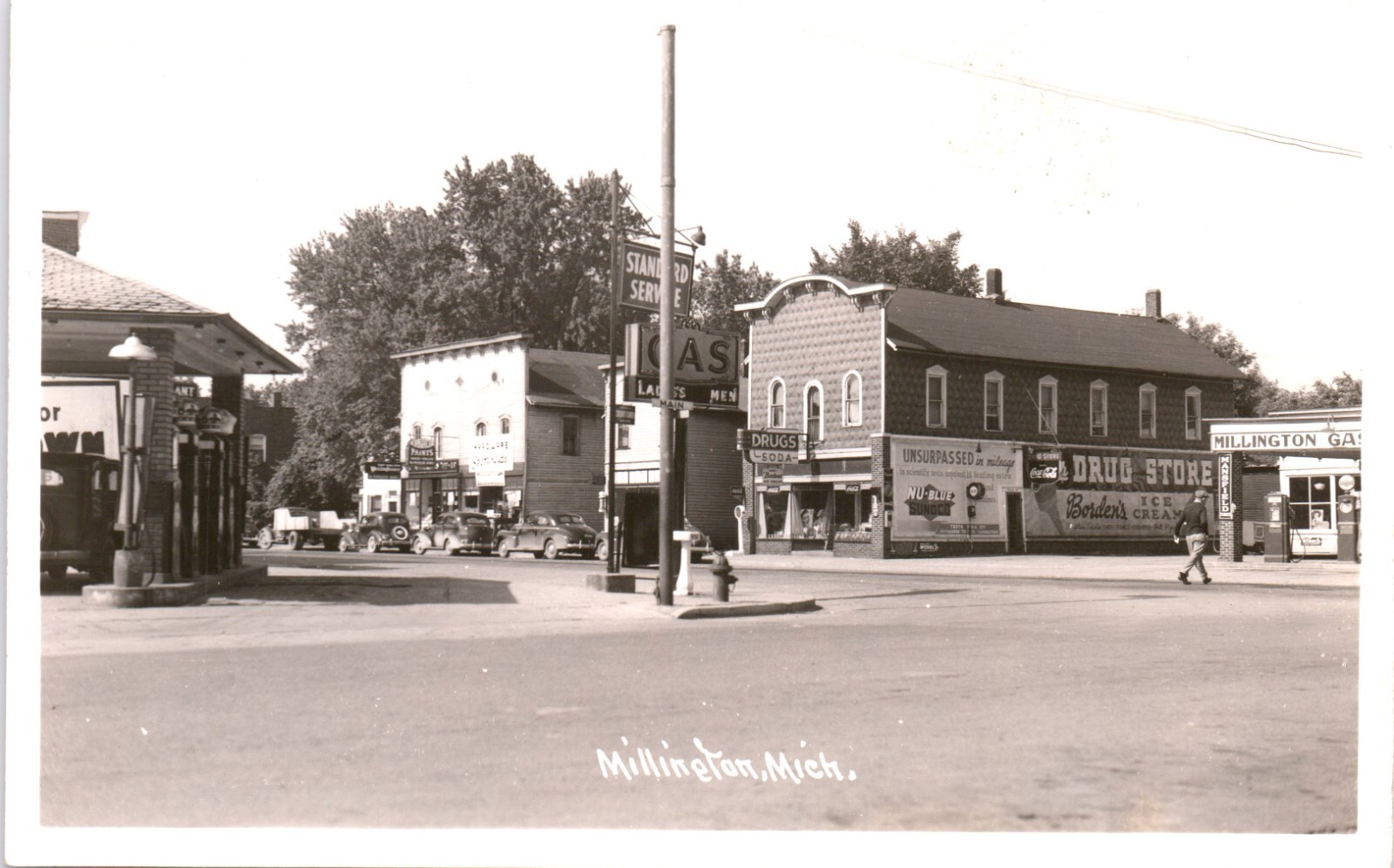 Millington Michigan Downtown RPPC Postcard Du Pont Paints NuBlue Sunoco Bordens