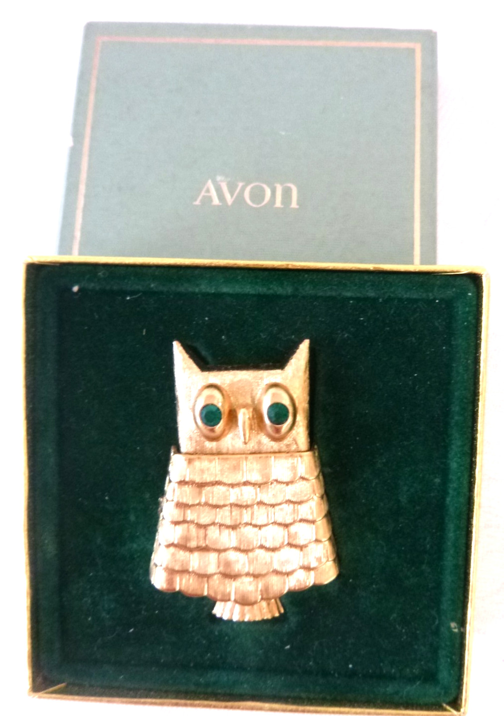 AVON 1968 Jeweled Owl Solid Perfume Pin in Box Changeable Scent Now \' BROCADE\'