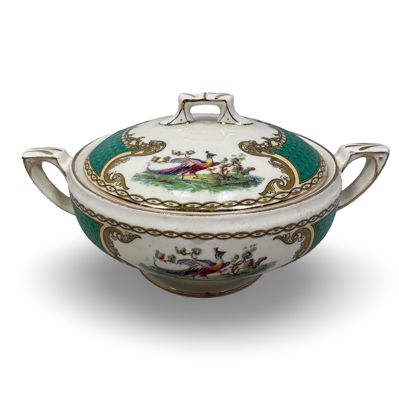 Myott Royal Crown Staffordshire England Chelsea Bird Green Covered Sugar Bowl