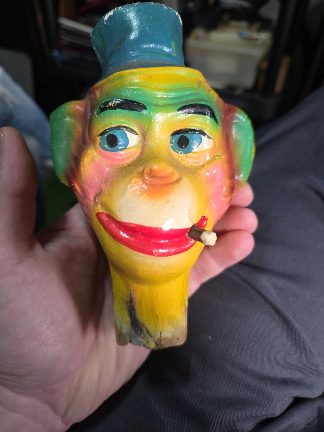 Vintage Papier Mache Carnival Monkey Head Top Hat Cigarette Folk Art 7\
