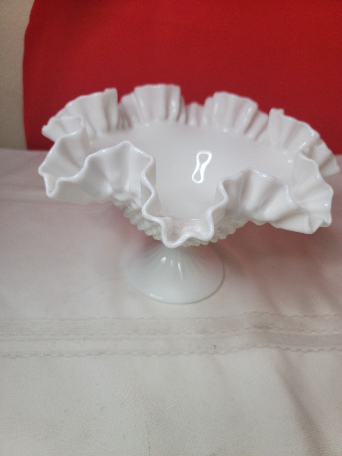 Vintage Fenton White Milk Glass Hobnail Pedestal Bowl Compote-Ruffled Edge Vintage Fenton White Milk Glass Hobnail Pedestal Bowl Compote-Ruffled Edge