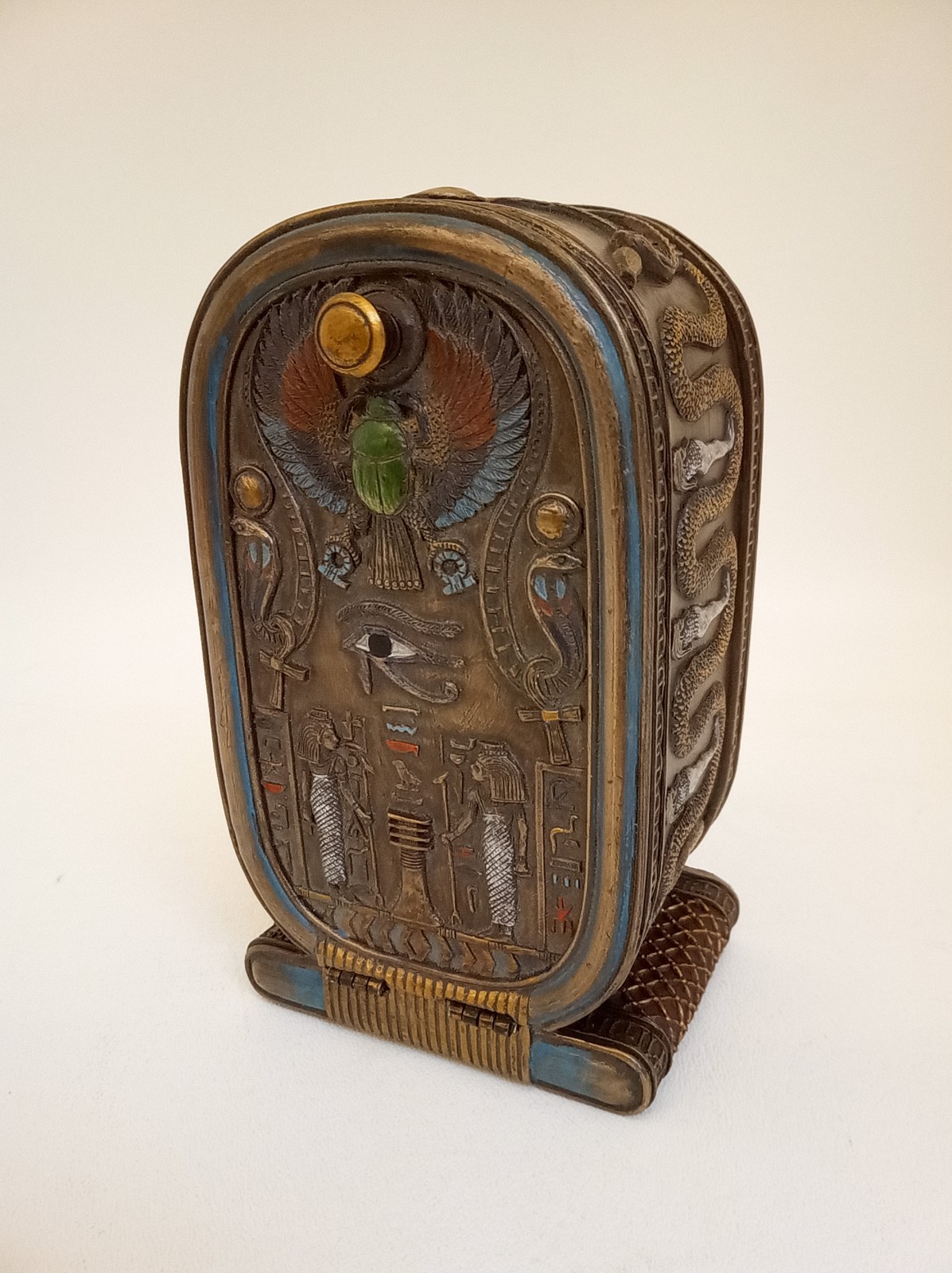 Egyptian themed trinket box scarab metal eye of Horus cartouche shape Summit Col