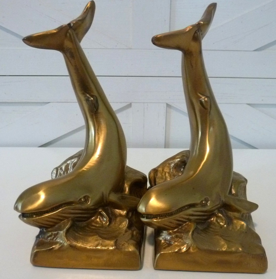 Vintage PM Craftsman Bookends Brass Pair Coastal Beach Nautical Whale Decor Gold