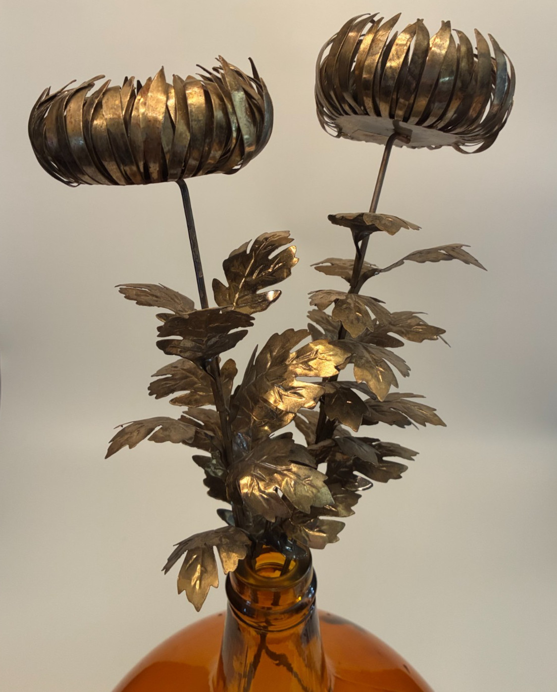 TWO Vintage 50s BRASS CHRYSANTHEMUM FLOWER STEMS Tall 28