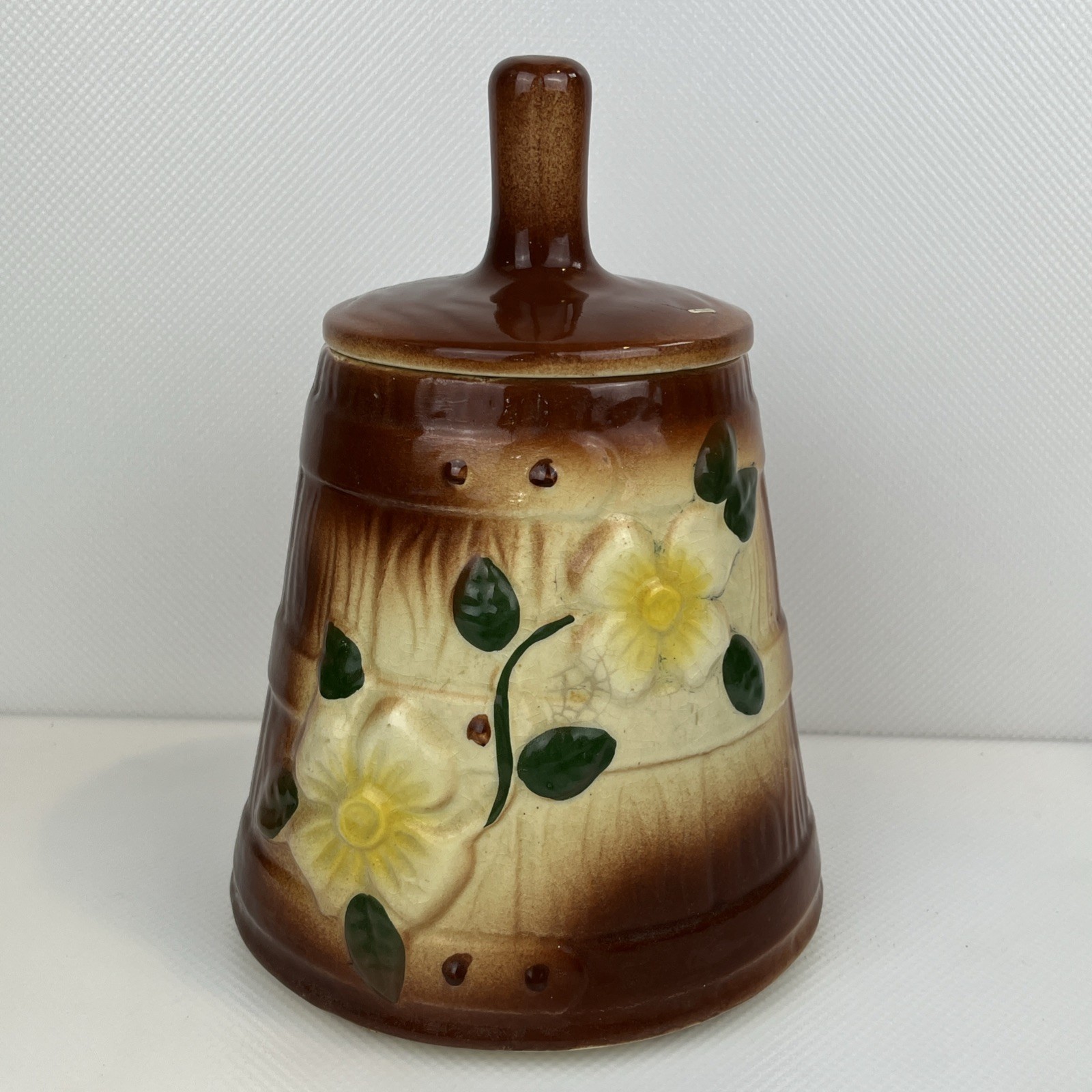 McCoy Pottery Butter Churn 1930’s Ceramic Cookie Jar 10” Flowers Brown Glaze